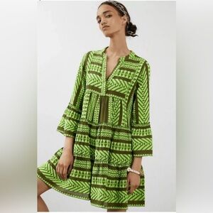 Devotion Twins Short Ella Dress in Olive/ Neon Green Boho Beach Travel Small EUC